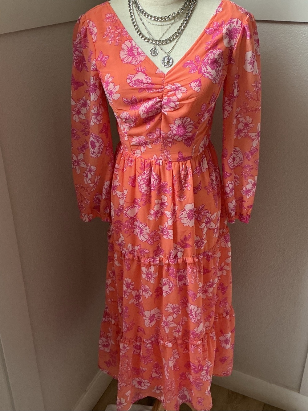 Sincerely Jules Cottagecore  Coral Pink Floral V-Neck Tiered Midi Dress - Picture 2 of 10